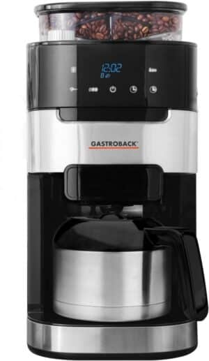 Gastroback Kaffeemaschine Grind & Brew Pro Kaffeeautomat mit intergrierter Kaffeemühle schwarz/silber