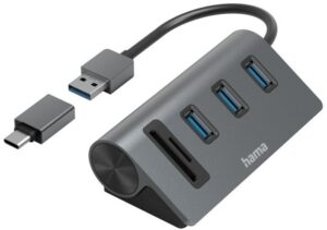 Hama USB-Hub/Kartenleser 5 Ports 3x USB-A inkl. USB-C-Adapter grau/schwarz
